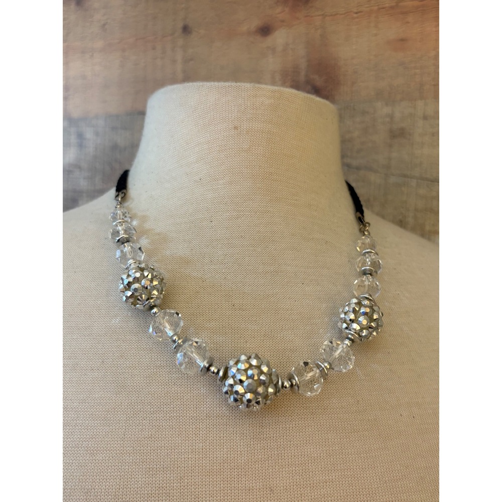 Silver Disco Ball Faceted Clear Bead Black Braided Cord Statement Necklace